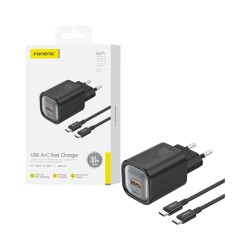 Carregador Foneng EU71 2 Portas USB-A+Tipo-C PD30W com Tipo-c para Tipo-C 1m Preto